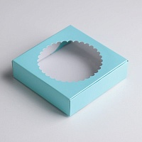 Подарочная коробка сборная с окном, голубая, 11,5 х 11,5 х 3 см
