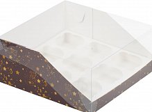 Коробка на 9 капкейков с окошком и съемной крышкой 235*235*100 мм (коричневая со звезд/золото мат)