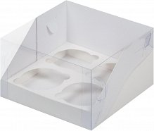 коробка для 4-х капкейков белая премиум с пластиковой крышкой