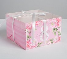Коробка на 4 капкейка «Поздравляю с 8 марта, розовый фон», 16 × 16 × 10 см