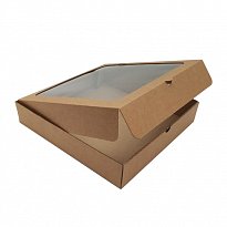 Гофрированная картонная коробка для пирога с окном ,300*300*60 из микрогофрокартона бур/бур 