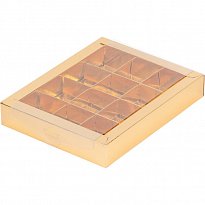коробка для конфет с пластиковой прозрачной крышкой на 12 конфет квадратный ложемент  190х150х30	золото	