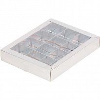 Коробка для конфет с пластиковой прозрачной крышкой на 12 конфет квадратный ложемент 190х150х30	серебро	