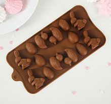 Форма для льда и шоколада Доляна «Зайцы, утки и яйца», 22×10,2×1,4 см, 14 ячеек, цвет шоколадный